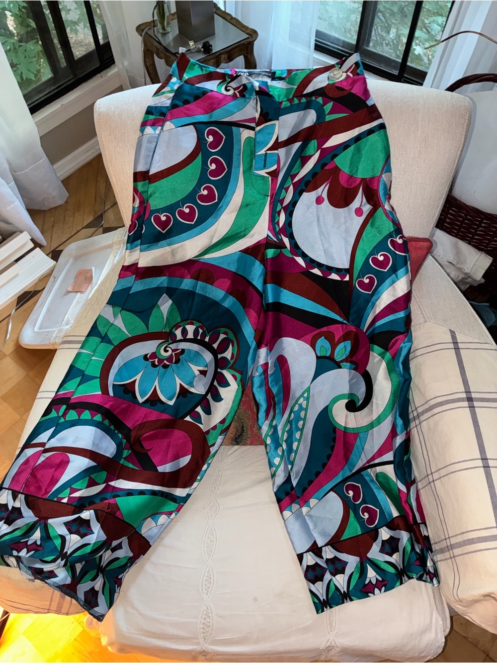 Zara Multicolor Teal, Magenta & White Wide-Leg Capris